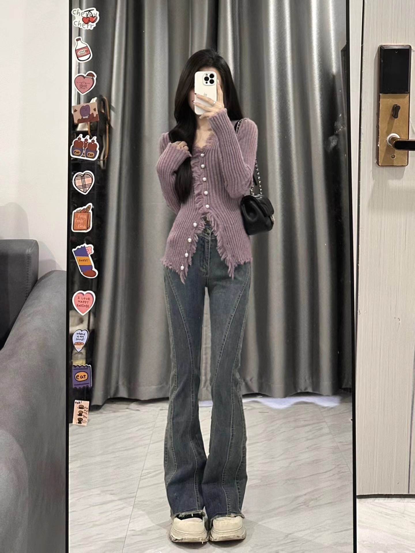 Purple frayed V-neck sweater for women autumn and winter slim fit slimming design sense niche chic early spring knitted cardigan top