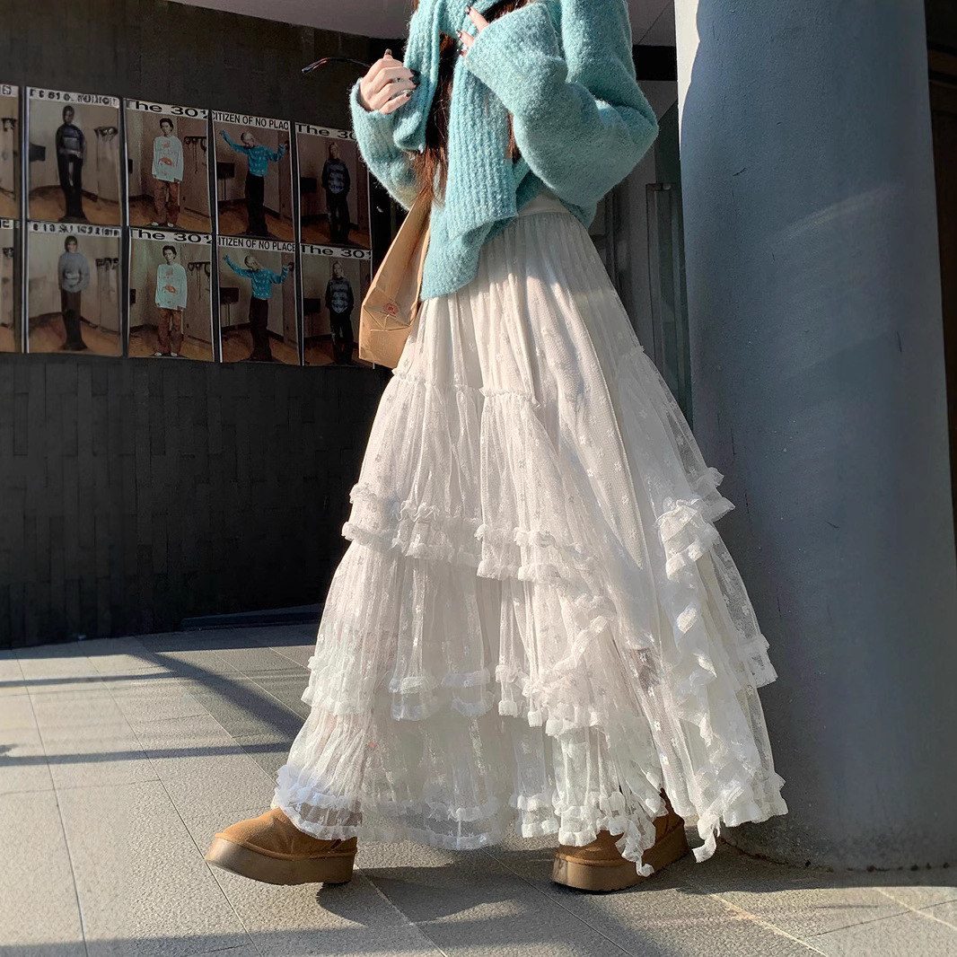 White Heavy Industry Lace Stitching Irregular Mesh Skirt Women's Autumn and Winter High-end Cake Skirt Large Swing Long Skirt