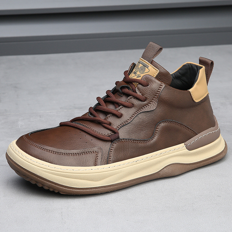 Men's High-top Shoes Cowhide European Station Trendy All-match Brown Vintage Genuine Leather fleece-lined Casual Sneakers Men's Cotton Shoes