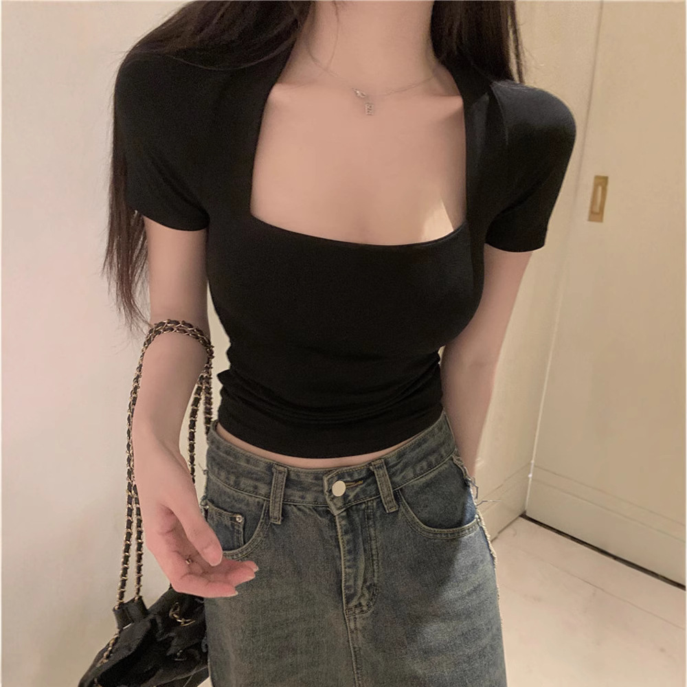Picture of Short-sleeved T-shirt Women's 2025 Summer New French U-shaped Square Collar Short Top for Students Slim-fit Slimming Low-collar Trendy