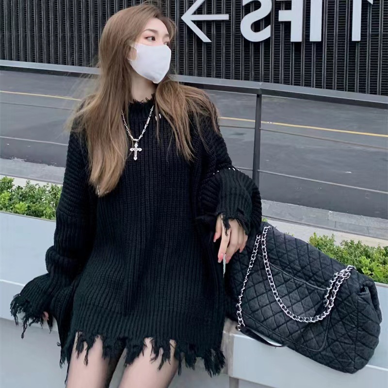 2025 New Autumn and Winter Korean Style Loose Lazy Style Ripped Personalized Trendy Design Pullover Thickeneded Sweater for Women