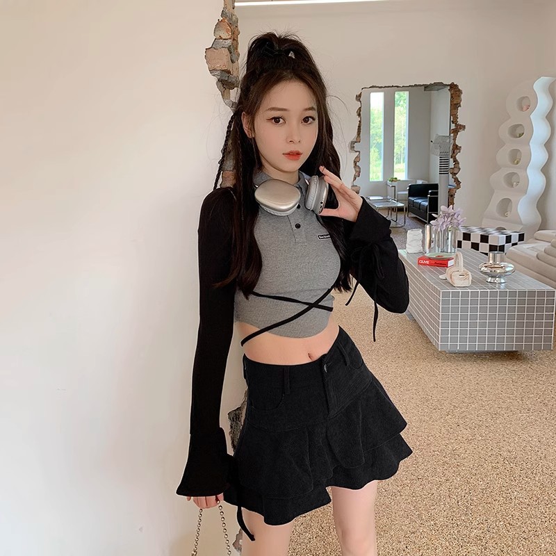 Black Corduroy Skirt Women's 2024 Autumn and Winter High Waist A- Shaped Hip Casual Puff Cake Skirt
