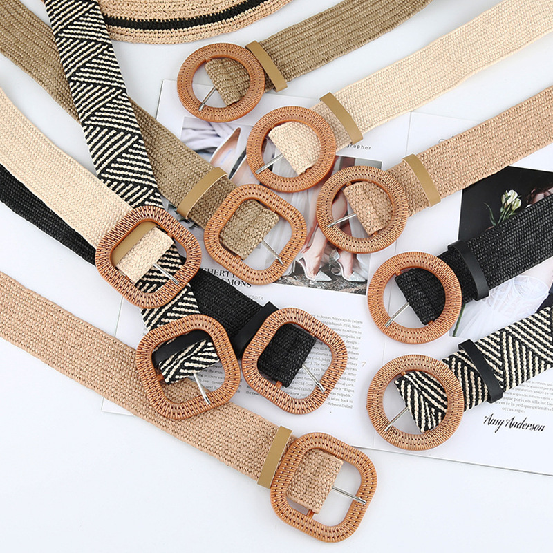 Korean Cotton Hemp Style PP Grass Woven Belt Women's Round Button Dress Caftan Decorative Stretch Belt Spot Wholesale