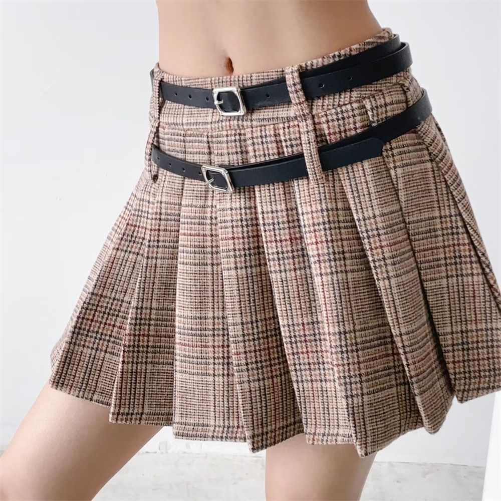 YPFF Fashionable Women's Spice Girls Vintage College Style Double Belt Plaid Pleated Skirt Anti-running Wool Short Skirt