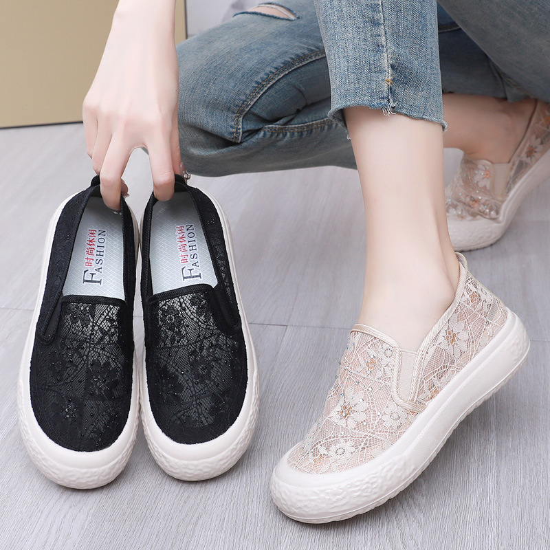 Thick-Soled Fisherman's Shoes Spring and Summer New Women's Shoes Breathable Lace Mesh Women's Flats Lazy Slip-On Casual Women's Shoes Trbottomy