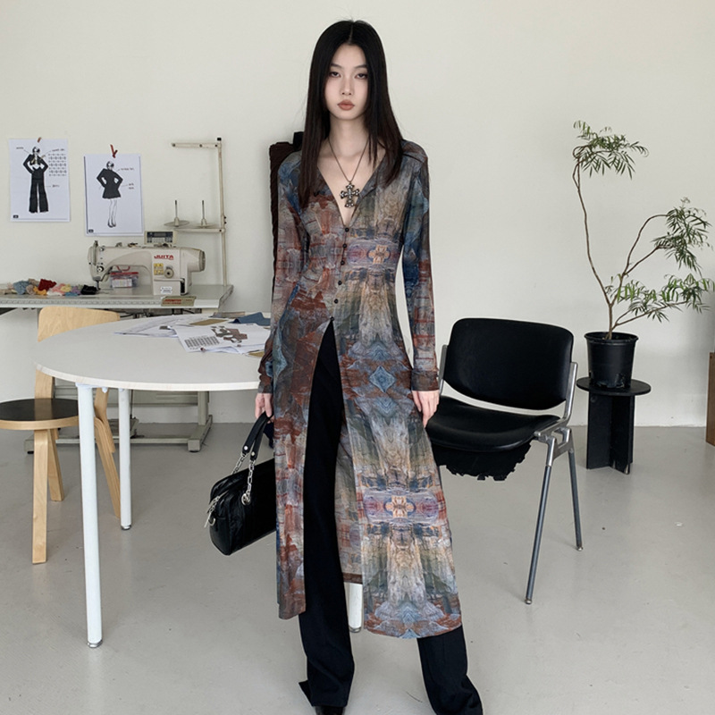 Cross-border sunscreen cardigan mesh vintage oil painting printing long coat slim niche design female factory outlet