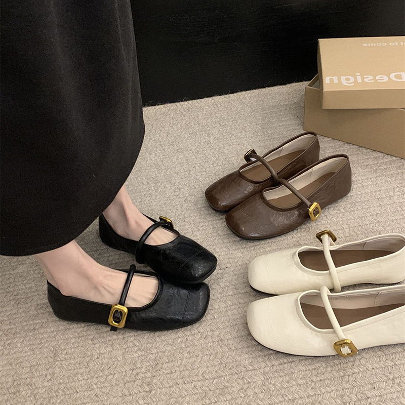Black French Retro All-Match Square Toe Shallow Mouth Flats Shoes for Women 2025 New Spring & Fall Small Fragrance Style Mary Jane Shoes