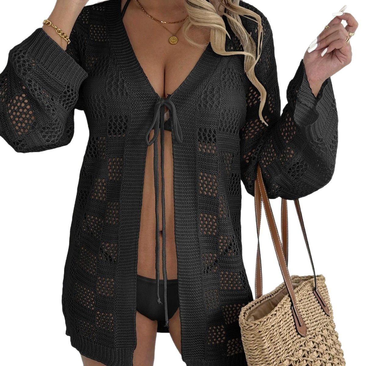 Picture of Women's Cardigan Cross-border European and American Women's Woven Shirt Hollow Long-sleeved Sunscreen Bikini Blouse Strap Beach Jacket
