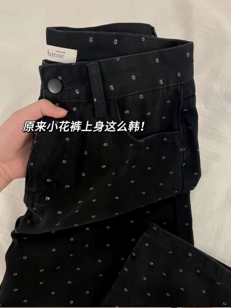 plus size chubby girl Loose Slimming Black Polo Dot Jeans Women's Autumn New High Waist Pear-Shaped Wide-Leg Pants