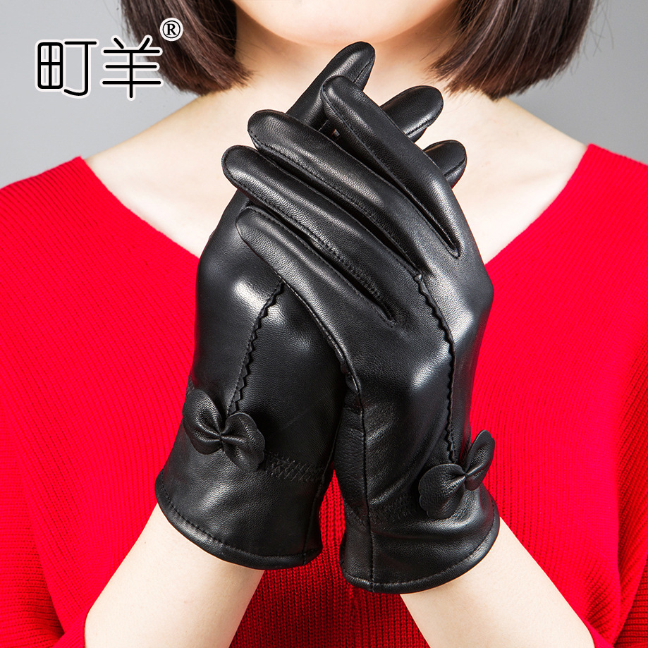 Leather gloves winter ladies warm gloves wholesale outdoor sheepskin gloves plus velvet padded Haining a generation of hair