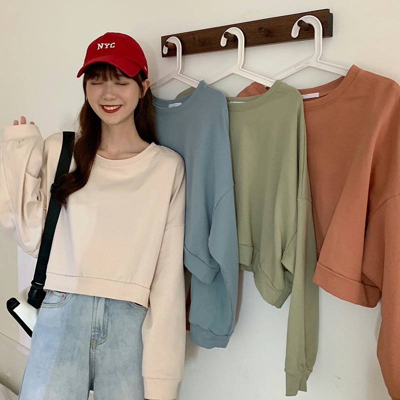 2023 New Spring and Autumn Super Loose Short Cotton Top Women's All-match Round Neck Long Sleeve Thin Sweatshirt Women's Foreign Trade
