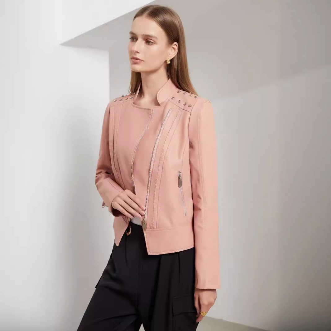 Picture of Boutique leather clothing Women Beaded Leather Jacket Lapel Spring and Autumn High-grade PU Leather Jacket