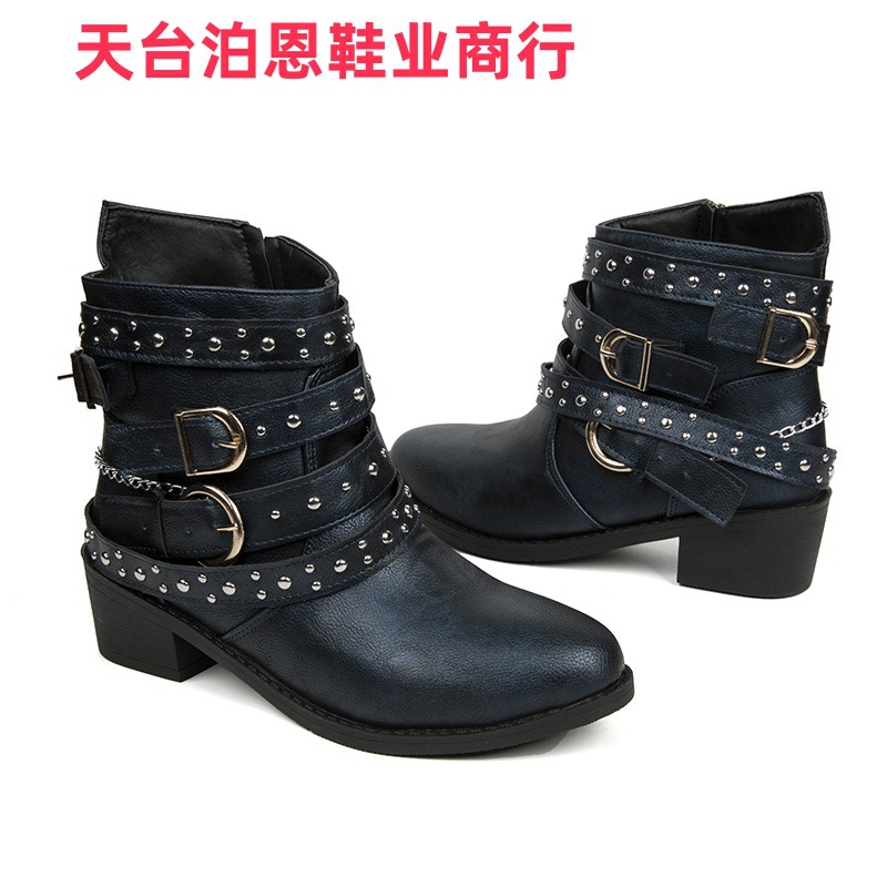 Picture of Cross-border foreign trade in-stock 2025 side zipper round toe double chain square heel PU European and American women's ankle boots autumn and winter new ankle-length boots
