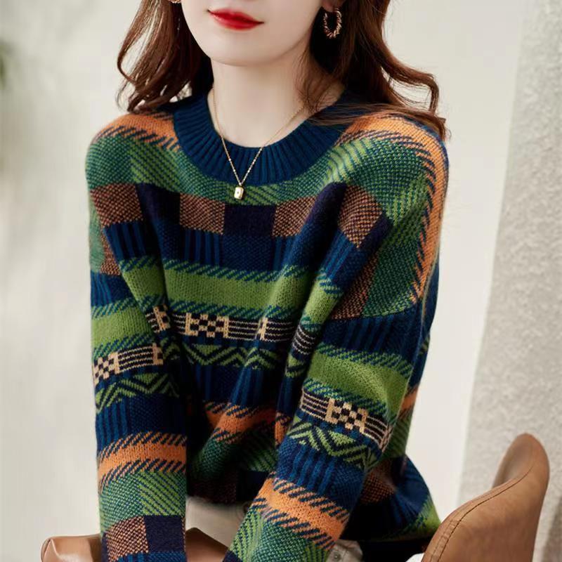2023 Contrast Striped Knit Sweater Women's Loose Outer Wear Lazy Style Autumn and Winter Base Shirt Top