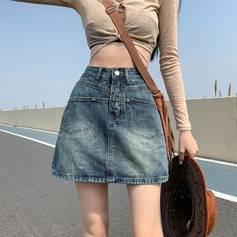 Internet Celebrity Half-length Denim Skirt Women's Ins Style High Waist Retro A- line Casual Split Pocket Design Hip Short Skirt