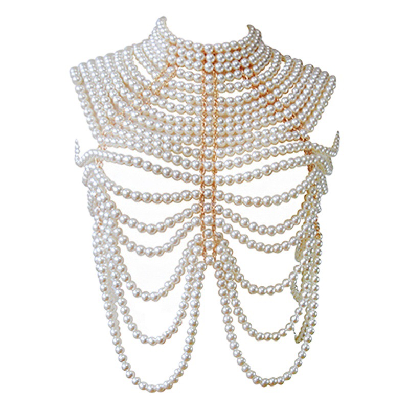 European and American Cross-Border Jewelry Hot Sale Retro Multi-Layered Pearl Necklace Chest Chain Sweater Chain Double Shoulder Chain Pearl Body Chain