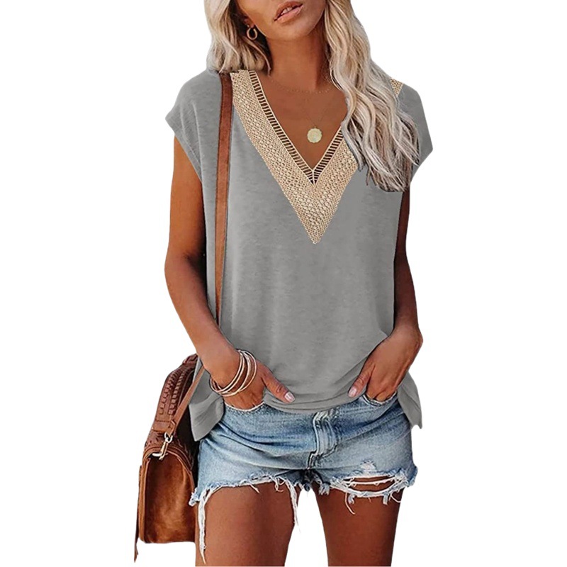 【Standard Code】Golden V-Neck Lace Loose Top T-Shirt Deep V-Neck Half Short-Sleeve Women's Summer Versatile Fashion Casual