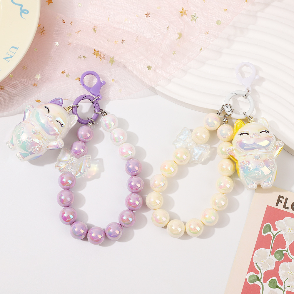 Picture of Girl heart lucky cat beads keychain two-color pearl beaded mobile phone chain bag keychain pendant
