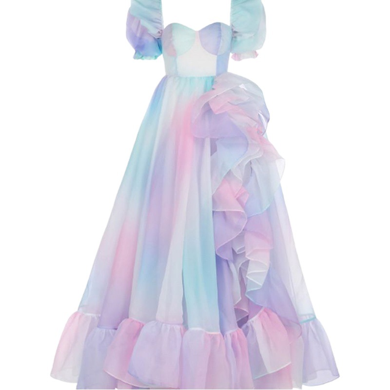 Rainbow after Rain Mesh Dress Long Princess Dress High Waist Double Shoulder Dress for Daily Travel Photo Long Dress