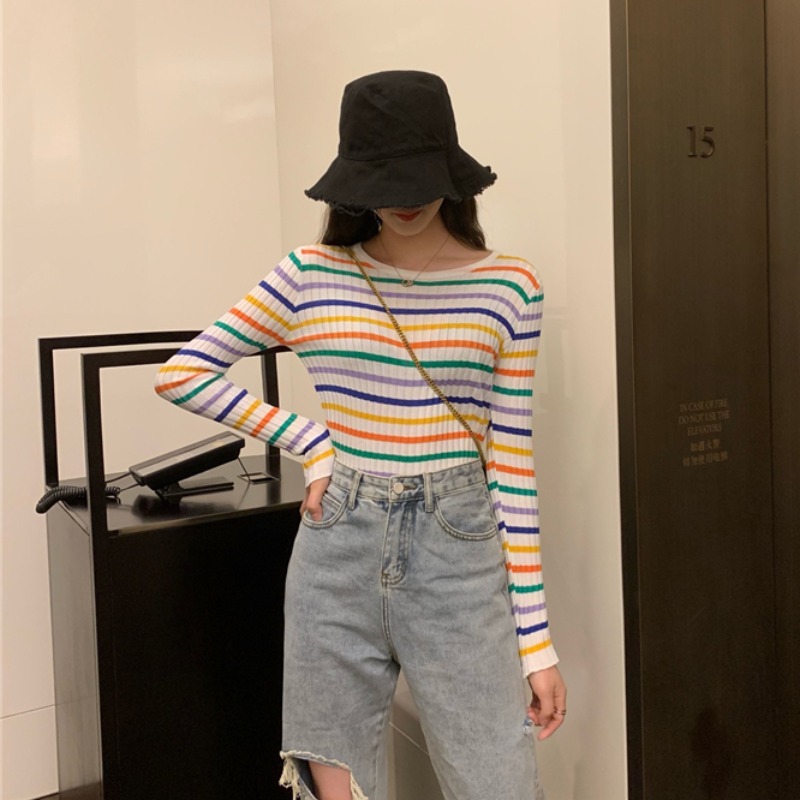Rainbow Striped Knitted Shirt Women's Spring and Autumn Wear Stretch Slim-Fit Slimming Pullover T-Shirt Round Neck Colorful Long Sleeve Top