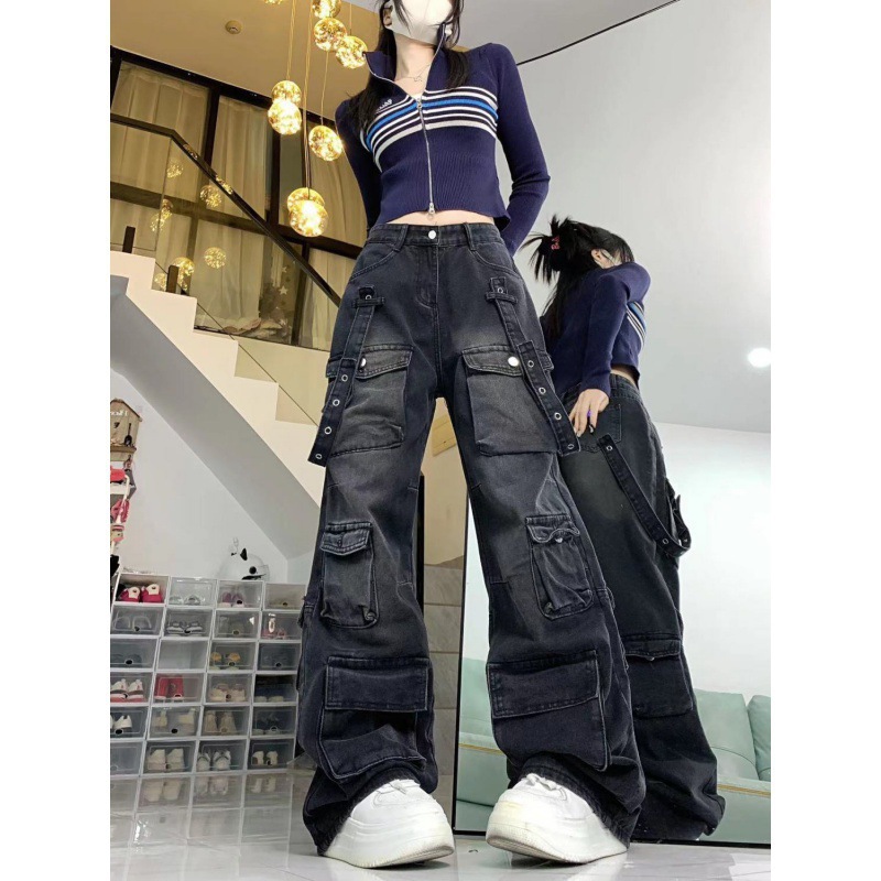 Picture of American Style High Street Multi-Pocket Tooling Jeans Women's Autumn and Winter Strap Design Sense Loose Slimming Wide Leg Trendy Trendy Pants