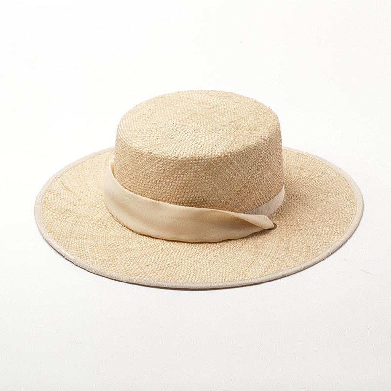 Picture of Korean Style Spring and Summer New Flat Top Straw Hat with Strap Baocao Outdoor Travel Sun Protection Beach Flat Top Straw Hat