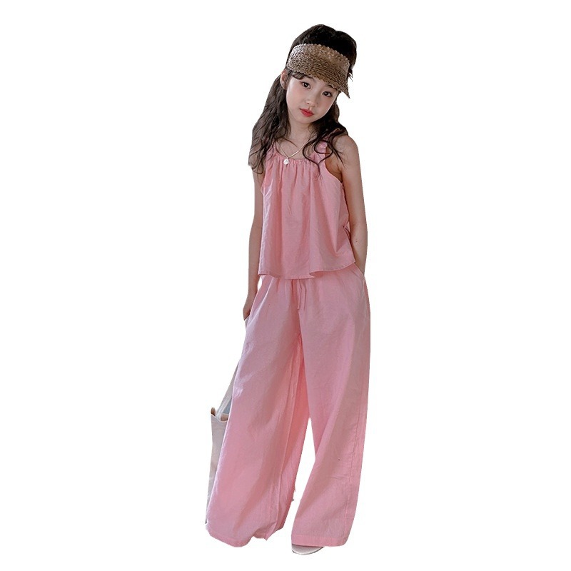 Picture of Girls Summer suit Children's Wear New Sling Top Wide Leg Straight Pants Korean Style suit Big Children Thin Two-piece Set