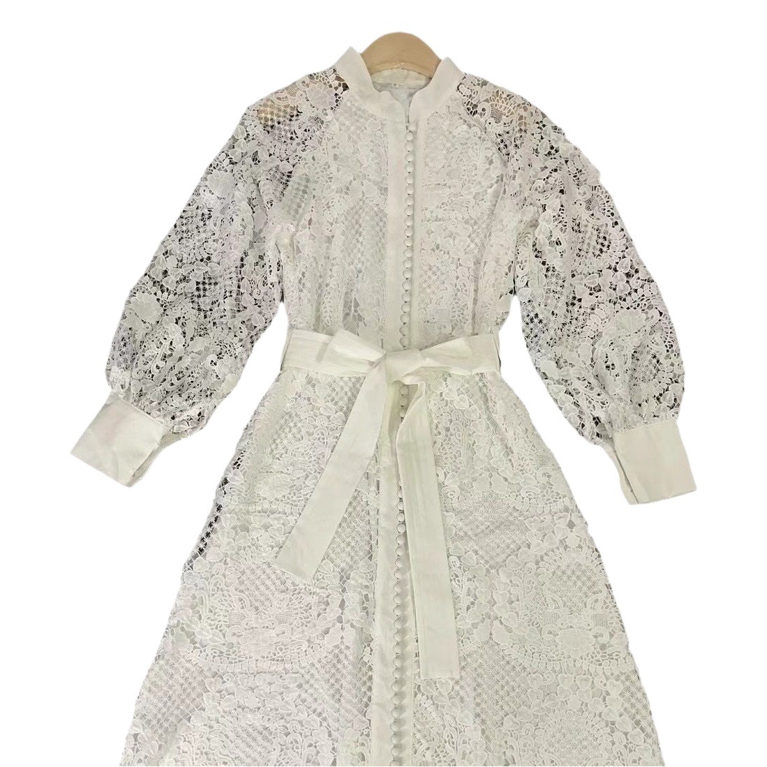 Autumn 2023 New Style Celebrity Style Lace Hollow Crewneck Lace-up Solid Color dress