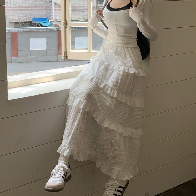Picture of Kumikumi Gentle Style Cut Out Crochet Skirt Women's Spring High Waist A-Line Cake Skirt Long Skirt White Skirt