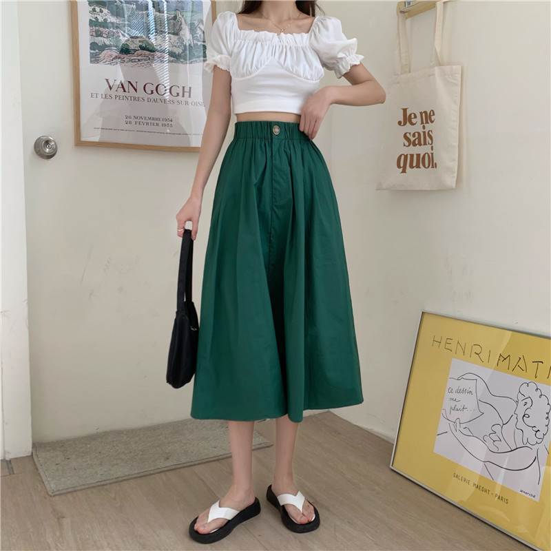 High Waist Slimming Mid-Length Pleated Skirt Women's 2023 Summer Over-the-Knee Umbrella Skirt Covering Hip Large Swing A- Line Skirt for Women