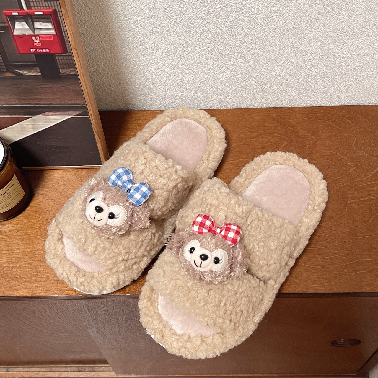 Autumn and Winter Bear Plush Warm Home Non-Slip Furry Slippers for Women, Winter Indoor Cotton Slippers for Couples