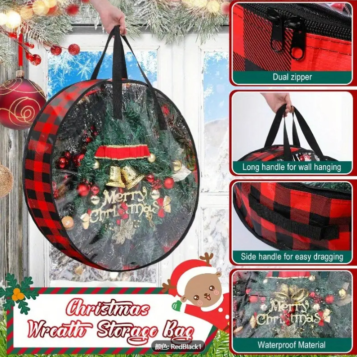 Spot Cross-Border Christmas Wreath Storage Bag Red and Black Plaid Pe+Pvc Transparent Christmas Tree Decoration Storage Hanging Bag