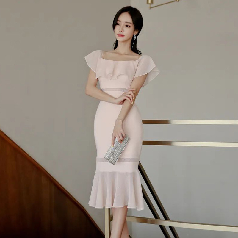 Foreign Trade Women's 2025 Summer New Sweet Korean Fashion Elegant Skinny Sexy off-shoulder Fish Tail Lotus Leaf