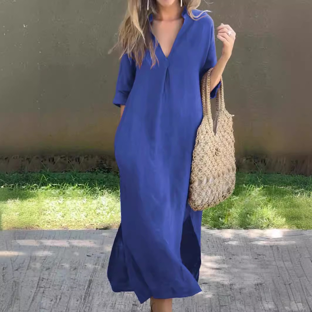 Picture of Amazon independent station cross-border cotton and linen women's summer explosions on both sides of the slit V-neck 7 sleeve chest pleated dress
