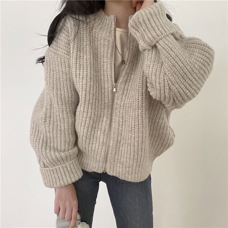 Korean Chic Casual Versatile Winter Versatile Sweater Jacket Pure Color Zipper Thick Knitted Cardigan