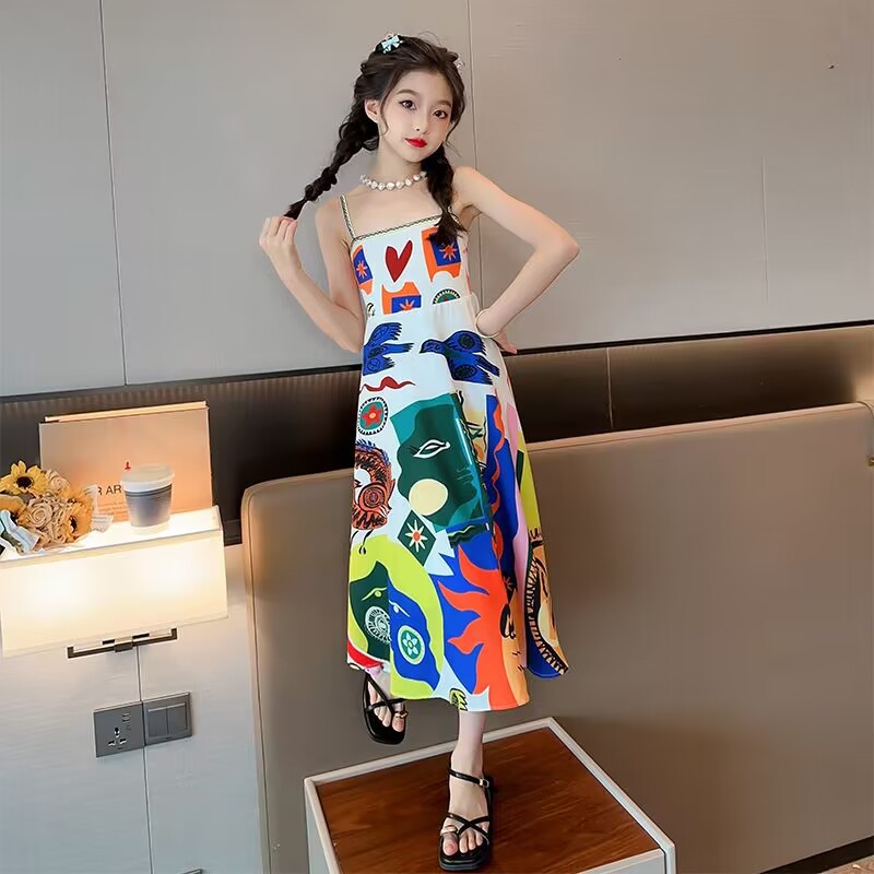 Girl's Vintage Ethnic Style Oil Painting Sling Dress Children's Summer Seaside Holiday Beach Dress Sleeveless Long Dress Trendy