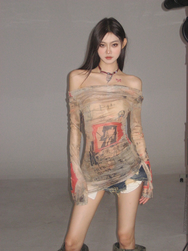 American Style Retro Hot Girl Printed Off-shoulder Summer Mesh Thin Long-sleeved Sunscreen Blouse Drawstring Top