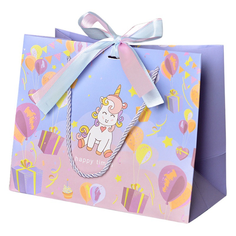 Unicorn Party Gift Bag Snack Packaging Bag with Double Ribbon Birthday Tote Colorful Cartoon Paper Bag Spot