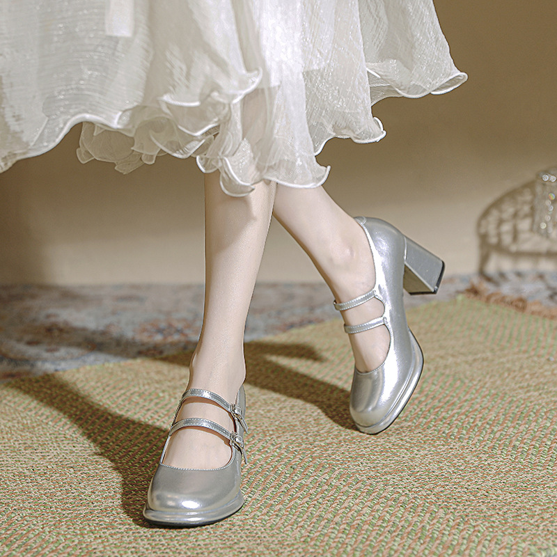 Mary Jane Shoes Women's 2024 Spring New Japanese JK High Heels Loli Waterproof Platform Chunky Heel silver Student Shoes