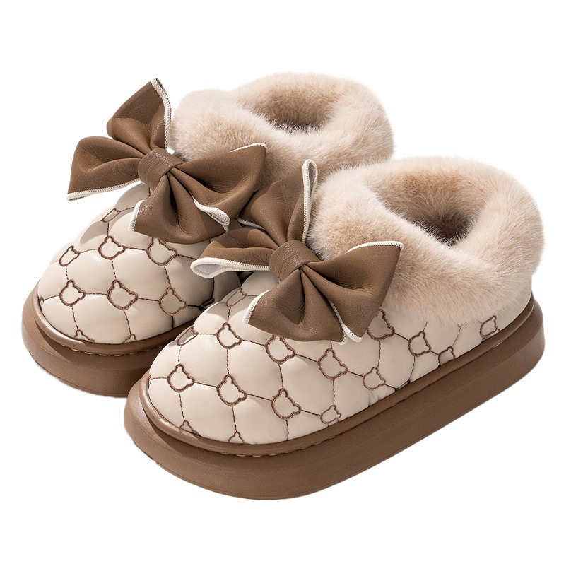 New butterfly knot bag heel cotton slippers women's autumn and winter fleece-lined warm thick bottom non-slip cotton shoes confinement shoes can be worn outside