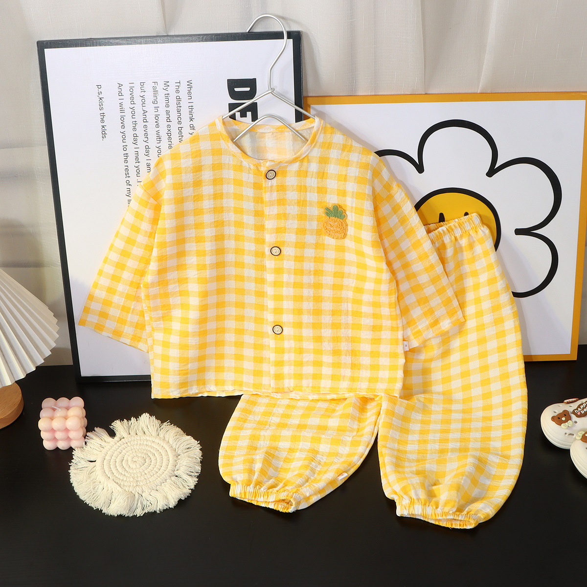 Picture of Boys and Girls Cloud Cotton Home Clothes Set Summer Cardigan Cartoon Kidsren's Pajamas Tops Pants Spring & Fall Two-Piece Set