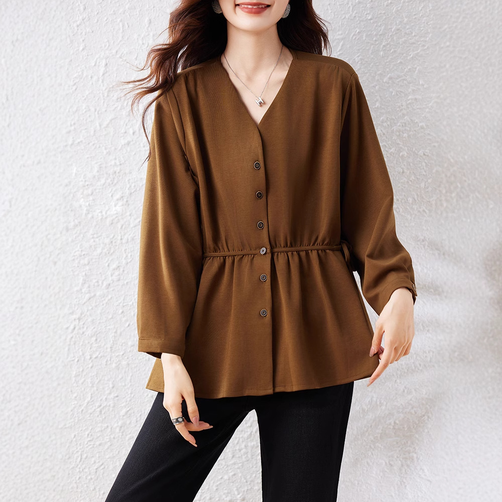 Picture of Real Shot of Ready-Made Elegant V Neck Sweatshirt for Women in Autum 2025 New Loose Large Size Pinch Pleat Waist Design Top