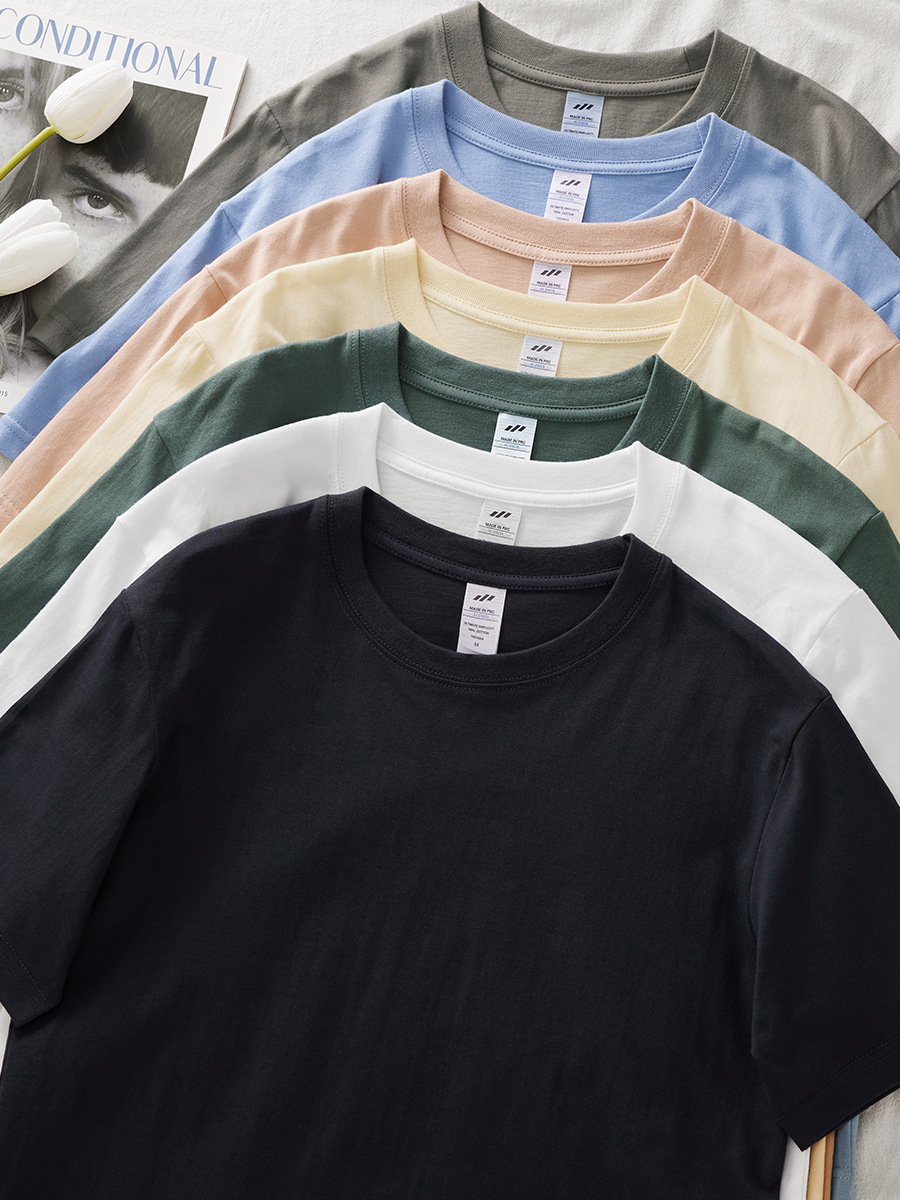 Picture of Japanese Style 230g Pure Cotton Short-Sleeved T-Shirt Women's Right Shoulder Round Neck Top Pure Color Half-Sleeved Bottoming Shirt Clothes Men's Wholesale