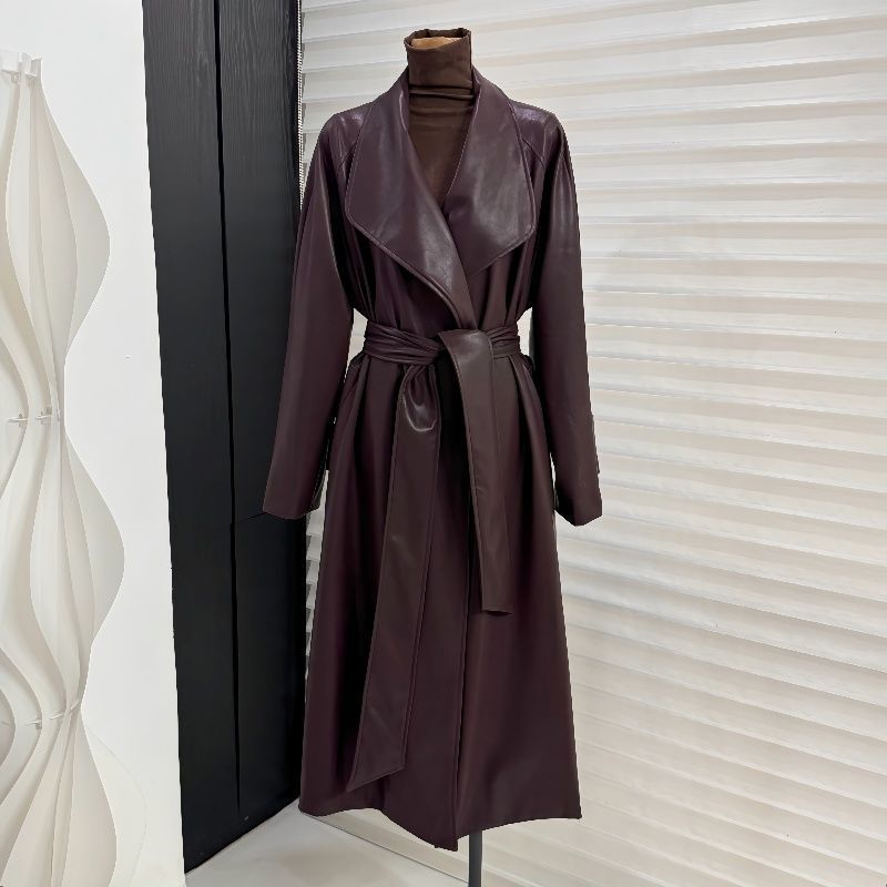 Picture of 2025 New Autum Style French Style Large Lapel Mid-Length Leather Outwear Women's Waist-Length Over-The-Knee Windbreaker Outwear