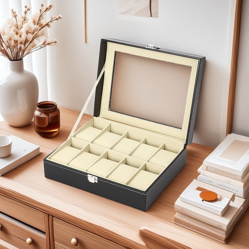 Picture of High-grade leather 10-position watch box mechanical watch storage display box high-permeability glass cover counter watch box cross-border
