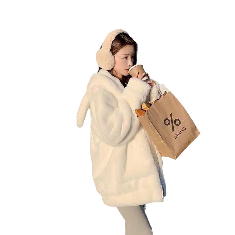 Picture of Cute Lamb Wool Coat with Rabbit Ears for Women, Winter 2025 New Style, Fleece-Lined, Thickened, Soft and Fluffy Cotton Jacket