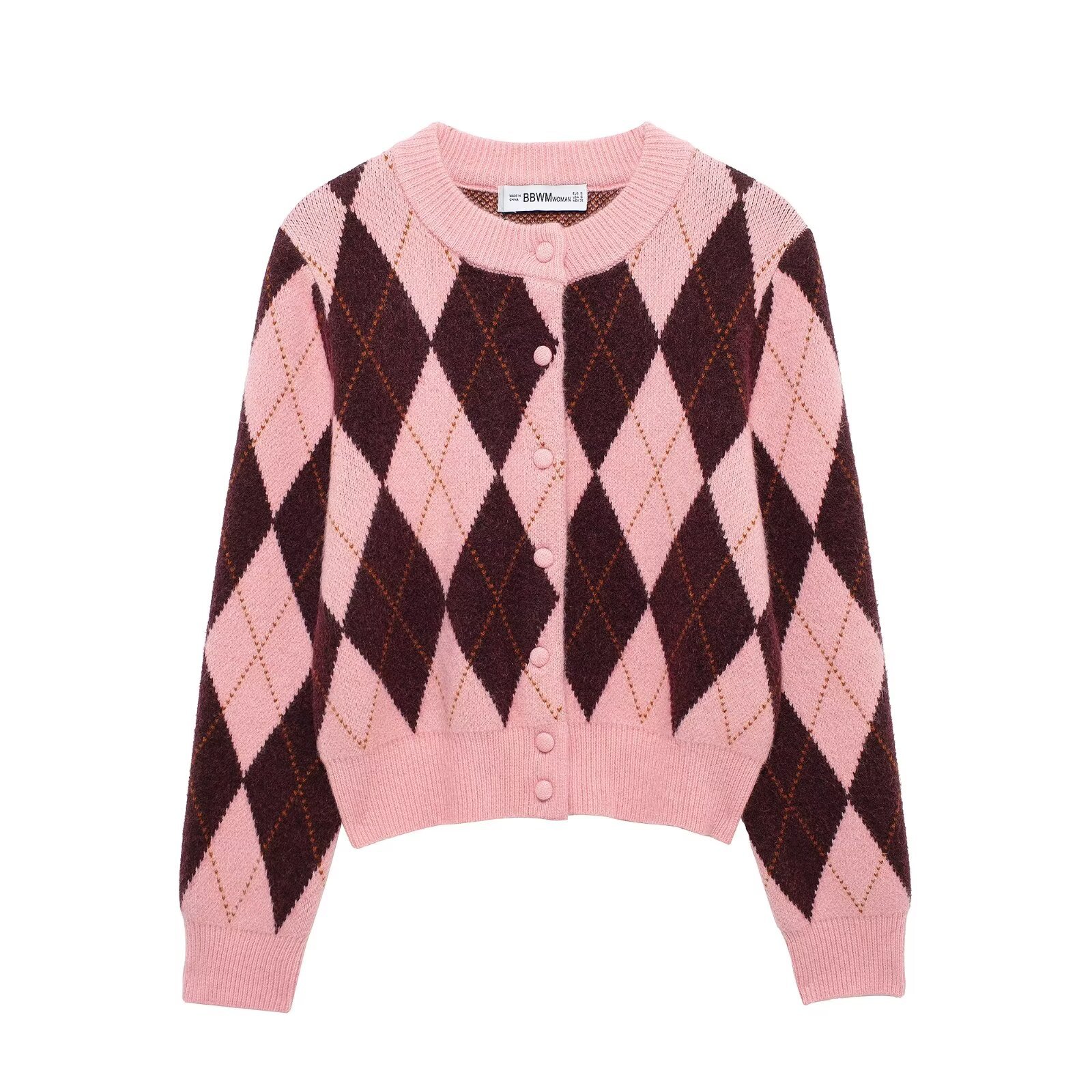ZA cross-border women's clothing wholesale European and American style round neck single-breasted diamond lattice contrast long sleeve knitted cardigan 5755011