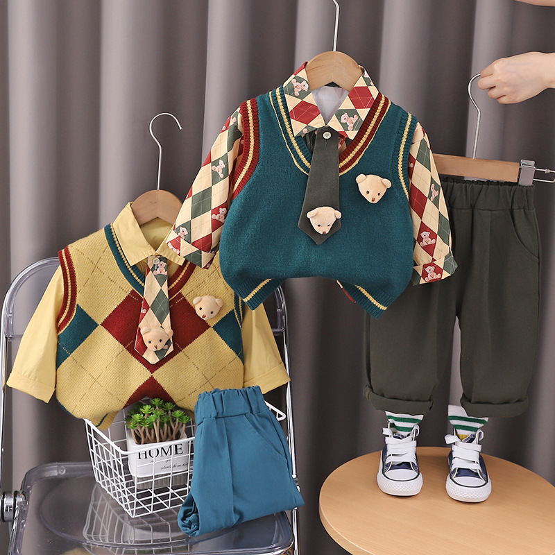 Autumn new net red fried street children full print diamond vest long sleeve three-piece set tide foreign trade spring and autumn suit