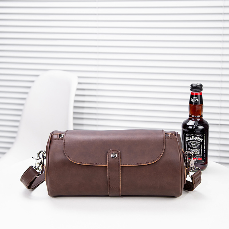 Picture of New Korean Style Fashion Small Leather Bag Retro Crazy Horse Leather Men's Shoulder Crossbody Bag Trendy Cylindrical Bag Ready for Sale