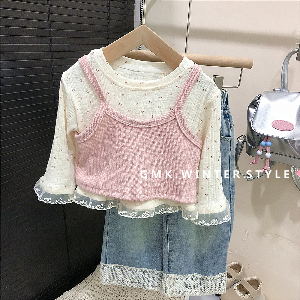 Picture of Girls' Spring 2025 New Stylish Floral Shirt Spring and Autumn Fashion Long Sleeve T-Shirt Sling Two-piece Top